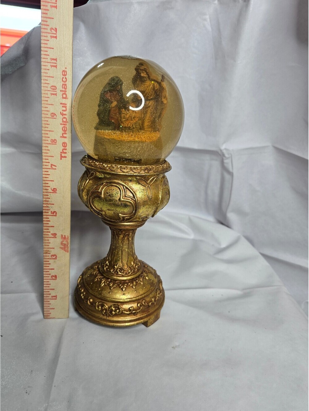 Vintage Nativity Scene Snow Globe with Light-Up Ornate Gold Base, 11.5"
